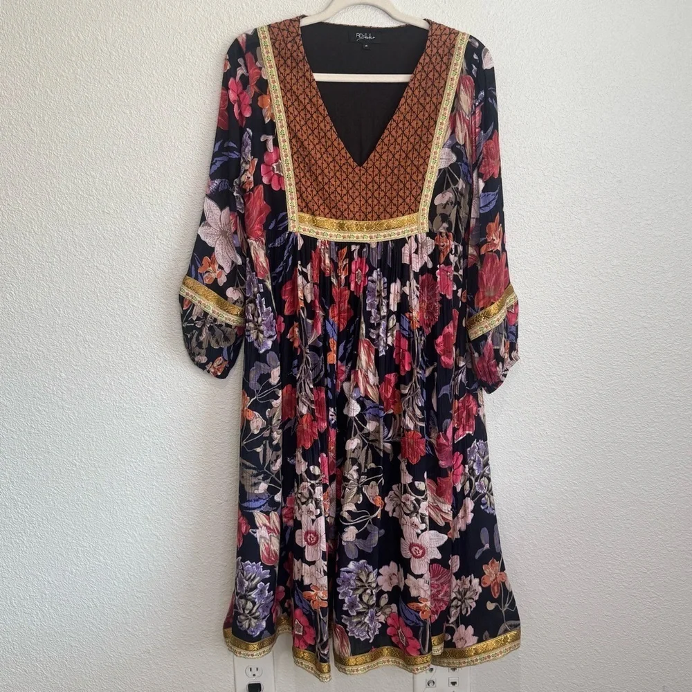 RD+ Koko Anthropologie Trimmed‎ Peasant Dress Womens XS Dark Floral Patchwork